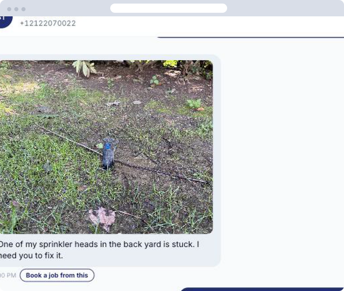 A customer text message with a photo of a stuck sprinkler head, and a “Book a job from this” button beneath it.