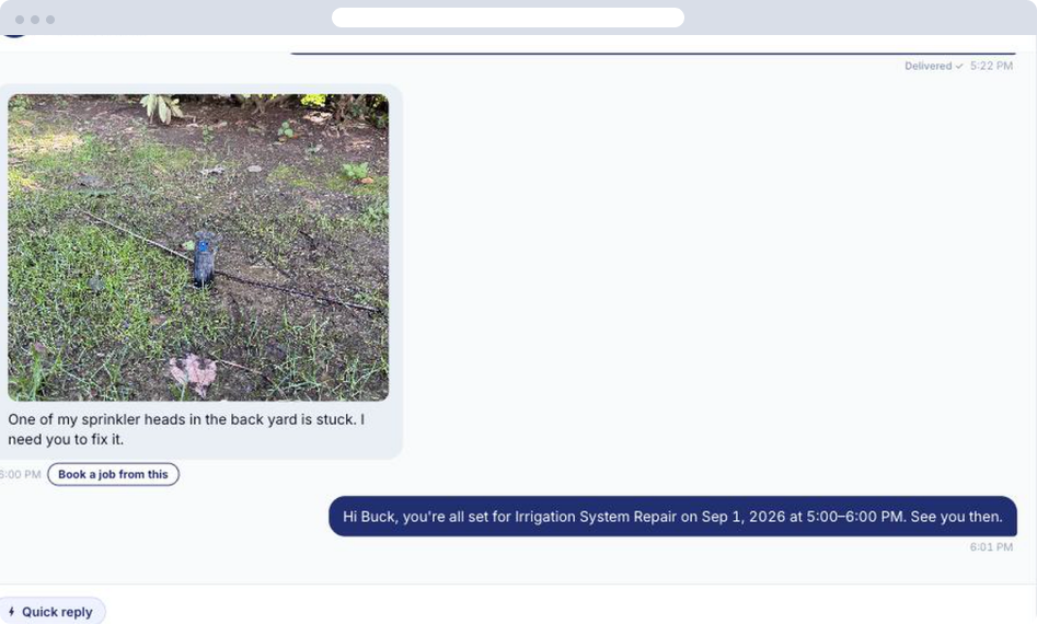 The same message thread, with an automatic confirmation sent back giving the job date and time window.