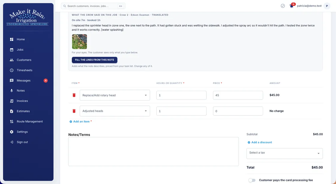 The rebuilt application: an invoice filled from an approved job note