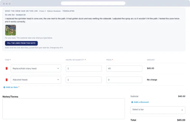 Invoice editor with Fill the lines from this note and priced line items