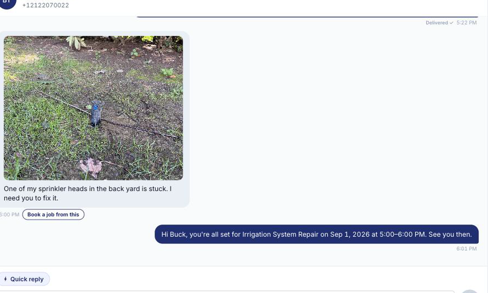 The same thread with the confirmation sent back to the customer, giving the job date and time window.