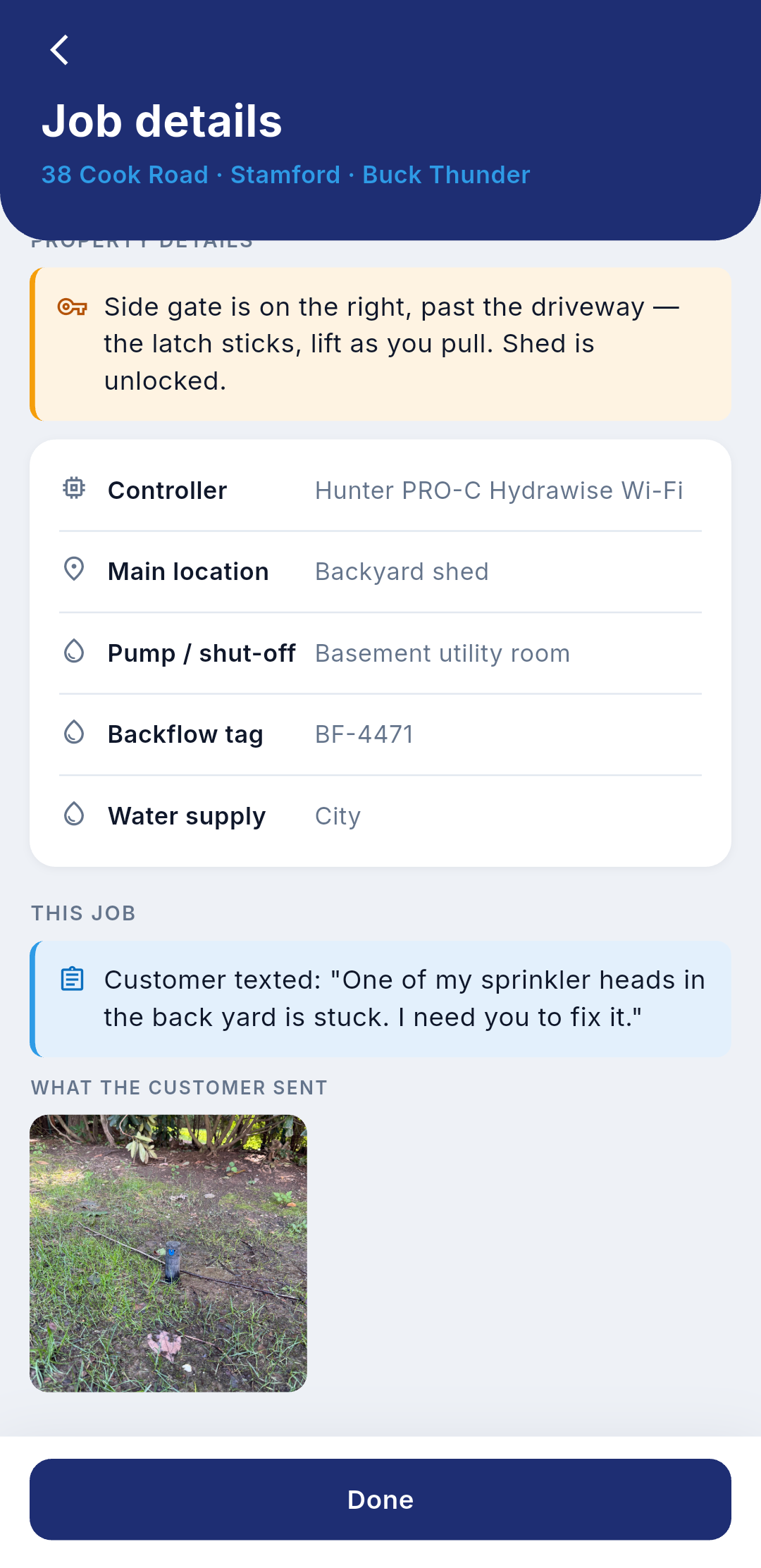 The crew phone’s job details screen: property access notes, equipment on site, and the customer’s original text and photo.