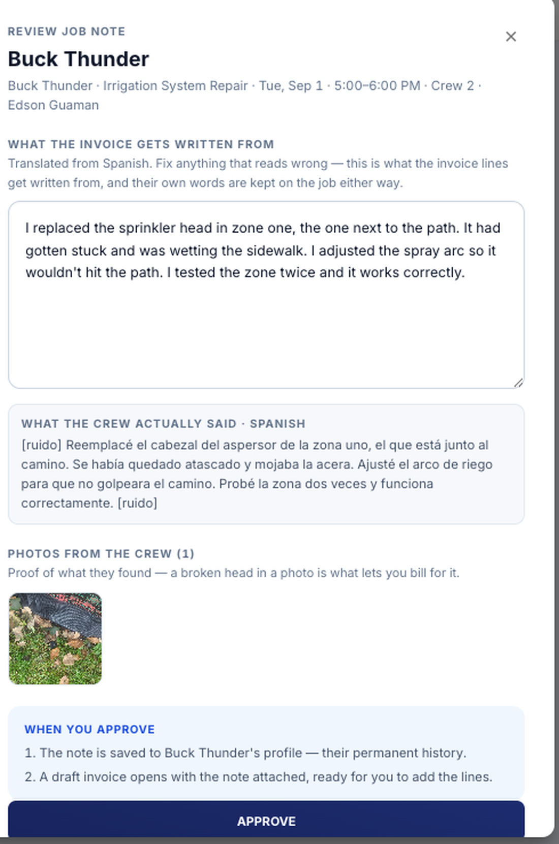 The office review screen: the note translated to English, the original Spanish beneath it, the crew’s photo, and an Approve button.