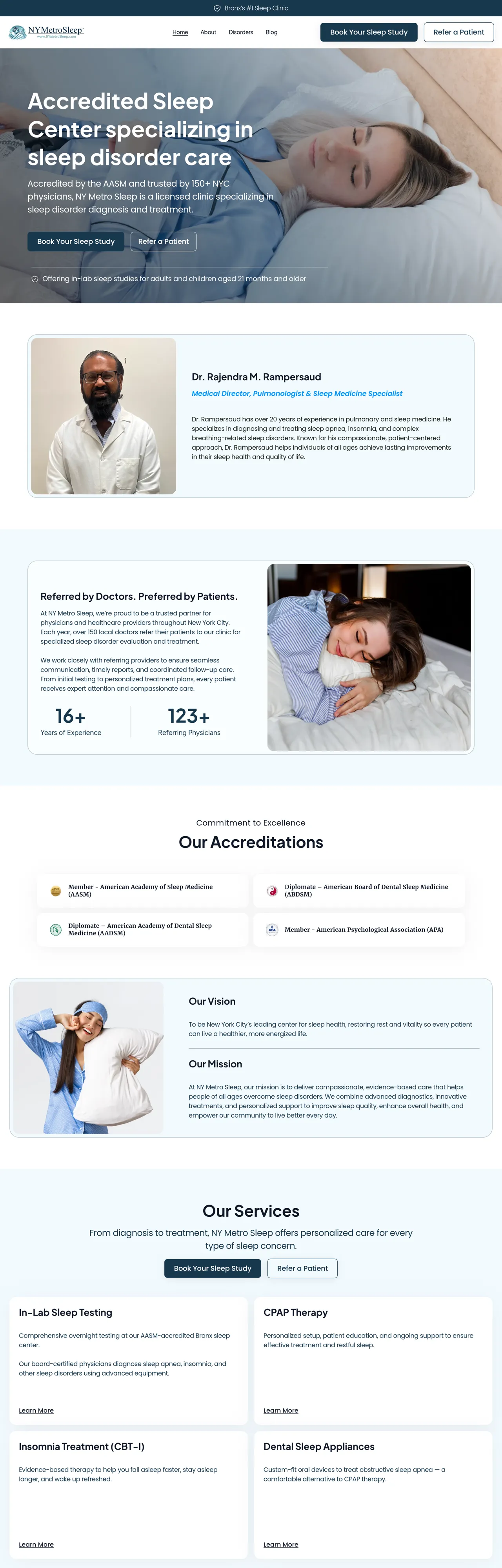 The NY Metro Sleep homepage: an accredited sleep centre with clear book-a-sleep-study and refer-a-patient actions, services and accreditations.