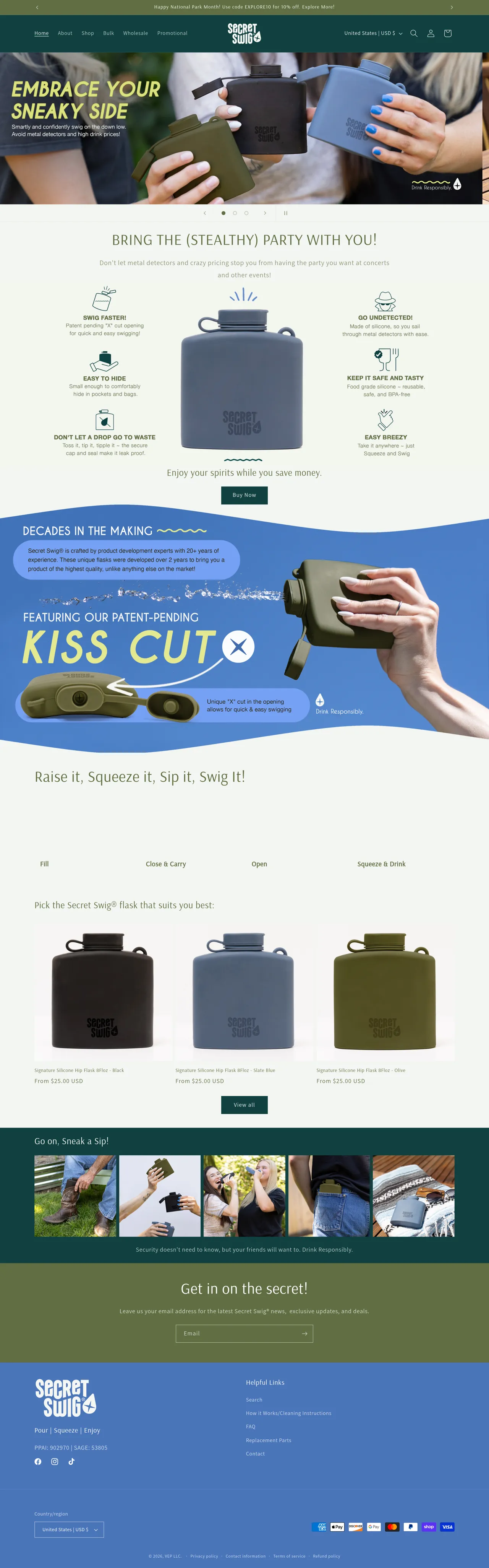 The Secret Swig Shopify storefront: flask products, the Kiss Cut engraving feature and the product range.