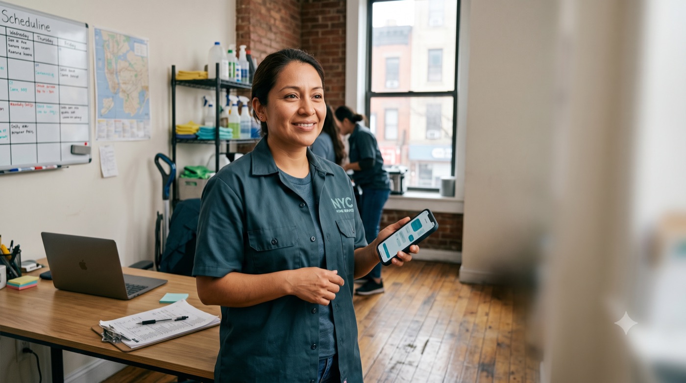 Business owner standing in an office holding a phone, laptop open on the desk behind
