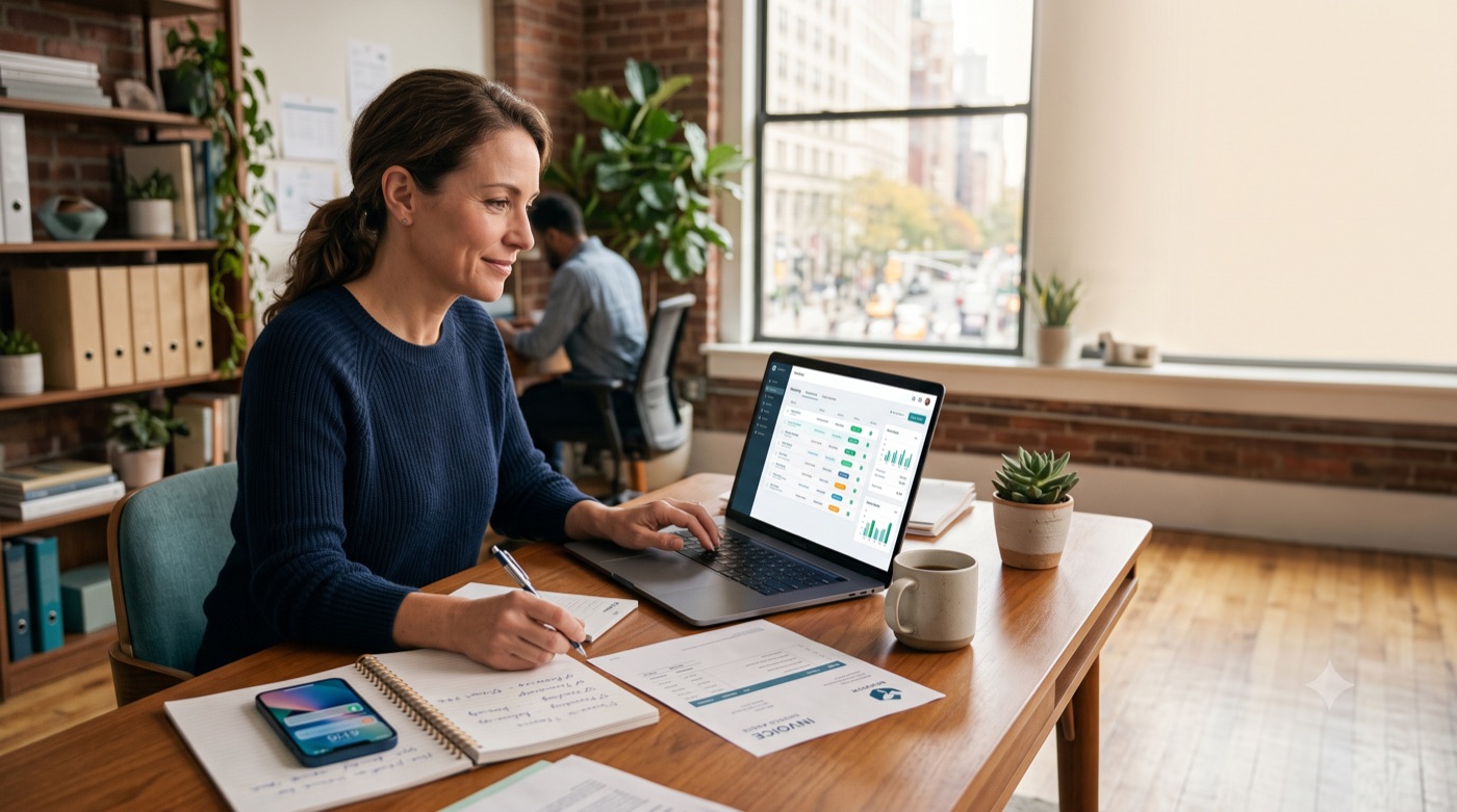 Person standing at a desk making notes beside a laptop showing a chart, invoices and a phone nearby