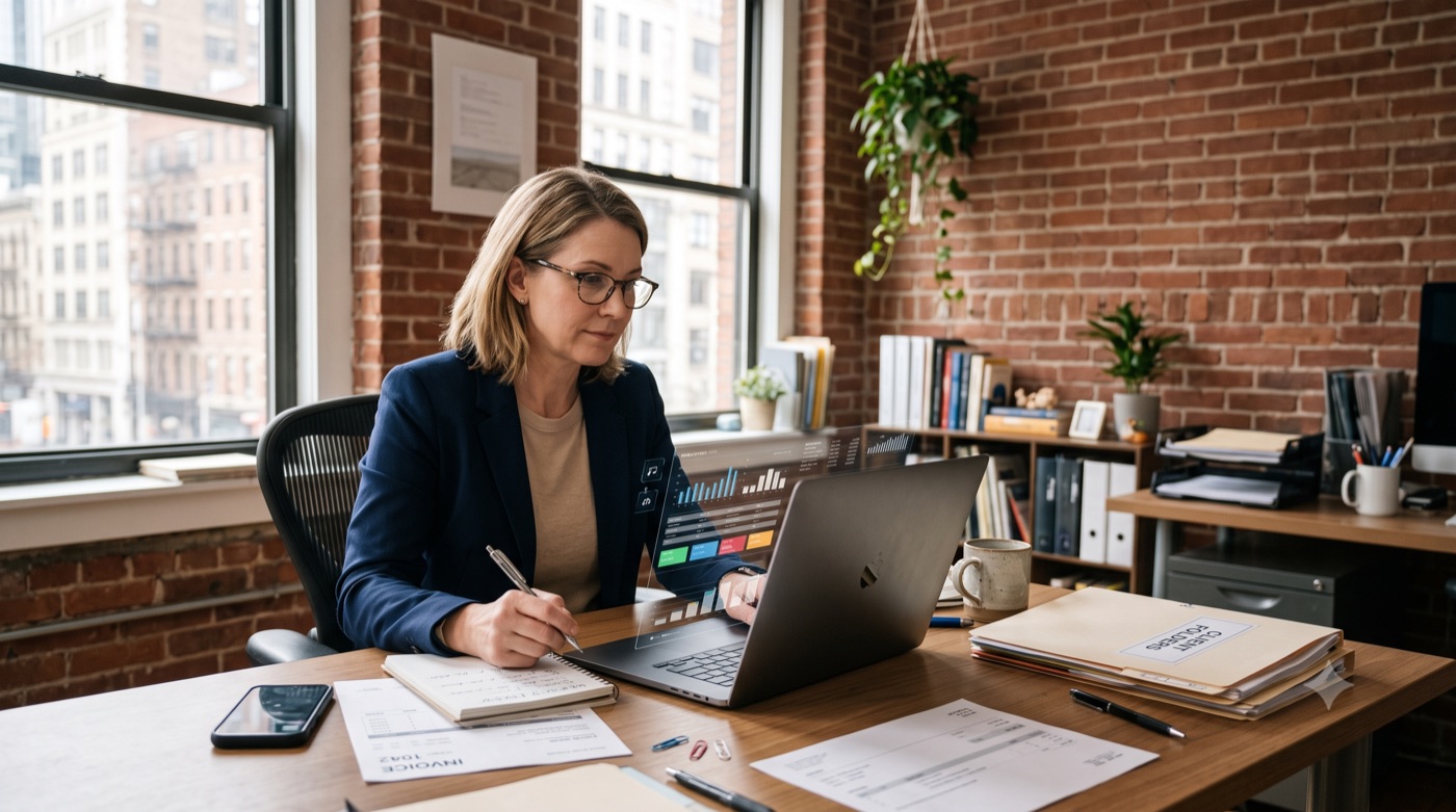 Person at a laptop with printed reports spread across the desk in a brick-walled office