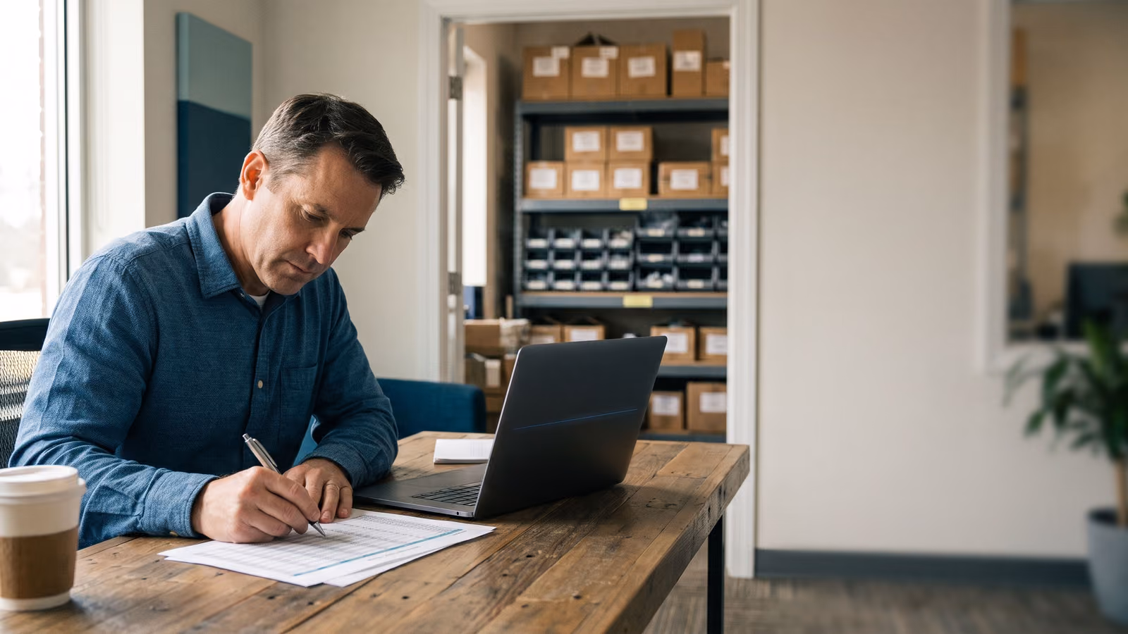 A person at a desk reviews a printed spreadsheet with a pen next to an open laptop with a dark screen, warehouse shelving blurred in the bac