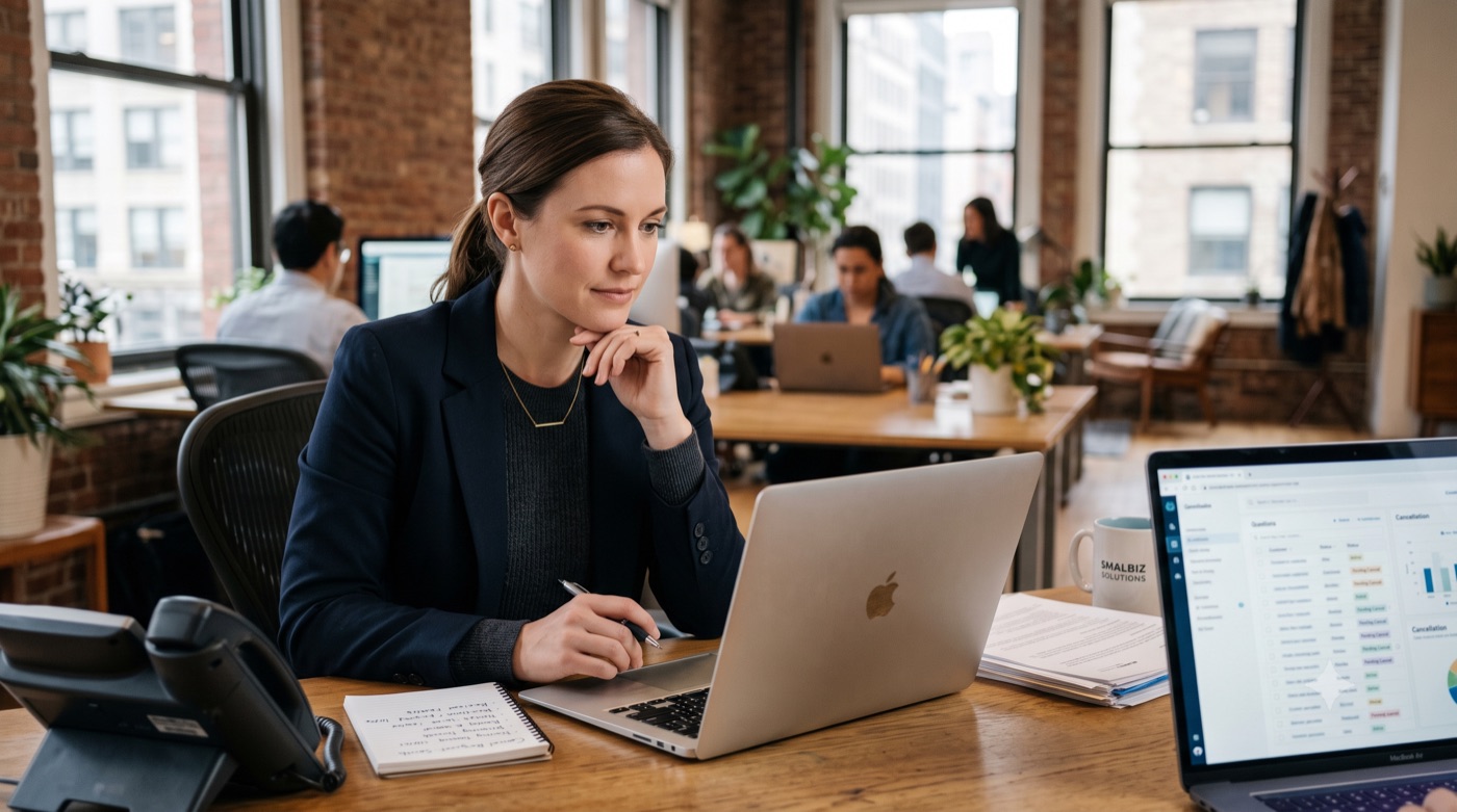 Person working at a laptop in an open-plan office with a second monitor alongside