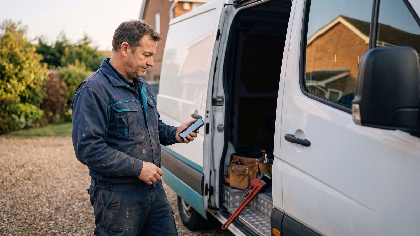 A plumber in uniform stands beside a service van holding a smartphone with a blank screen, tools visible nearby.
