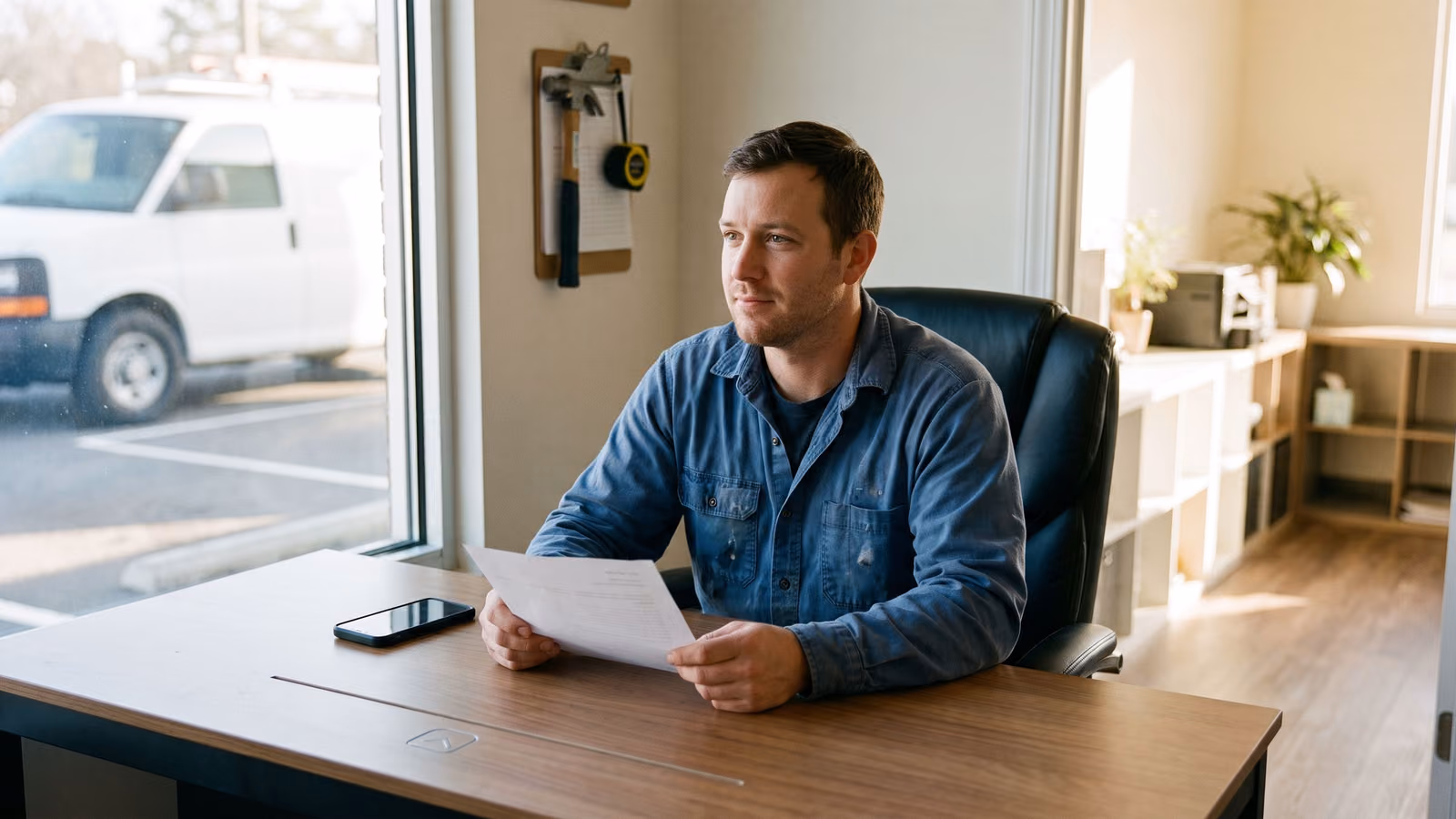 A contractor sits at a small office desk reviewing a paper invoice, with a smartphone showing a dark screen beside him.
