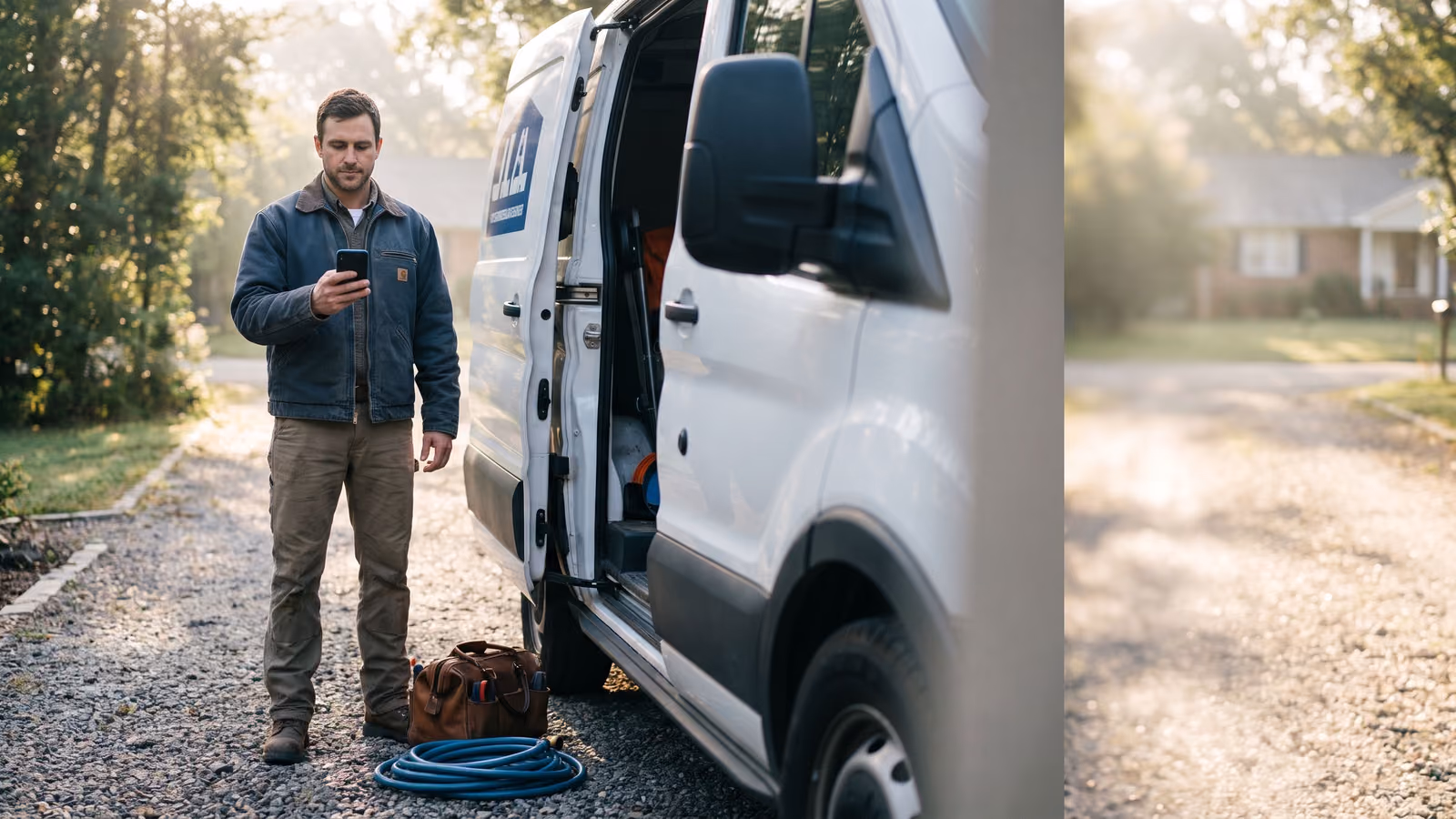 A tradesman beside his service van looks calmly at his phone in a sunlit driveway.