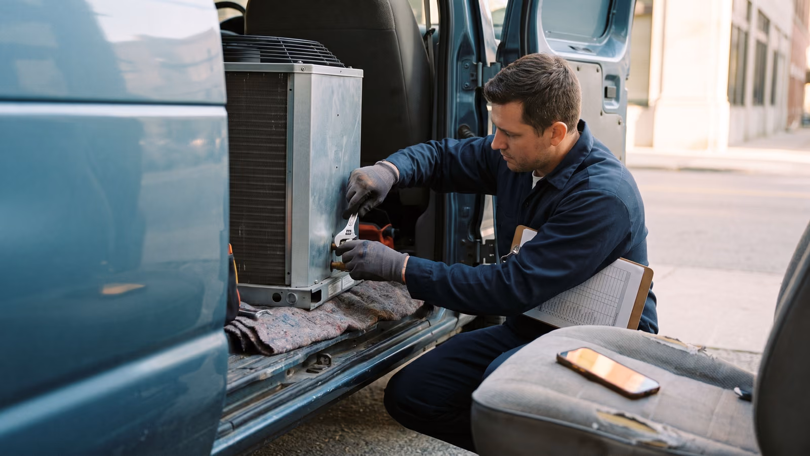 HVAC technician kneeling by a service van adjusting a rooftop unit part while his phone rings unanswered on the seat nearby