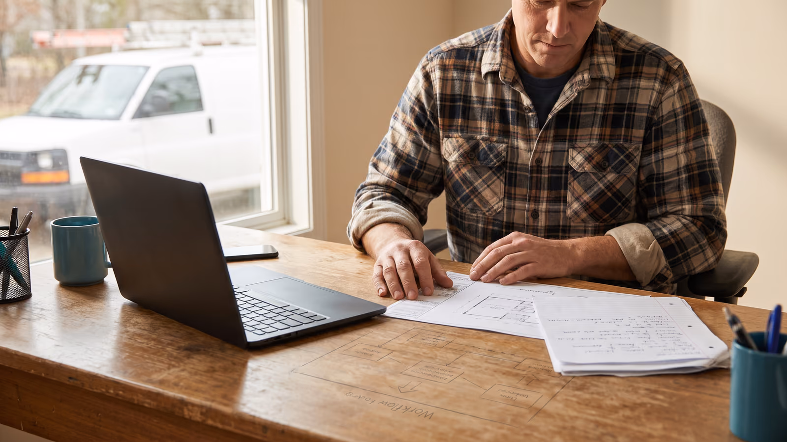 A business owner at a desk reviews a printed site diagram next to a closed laptop, with a service van visible through the window behind them