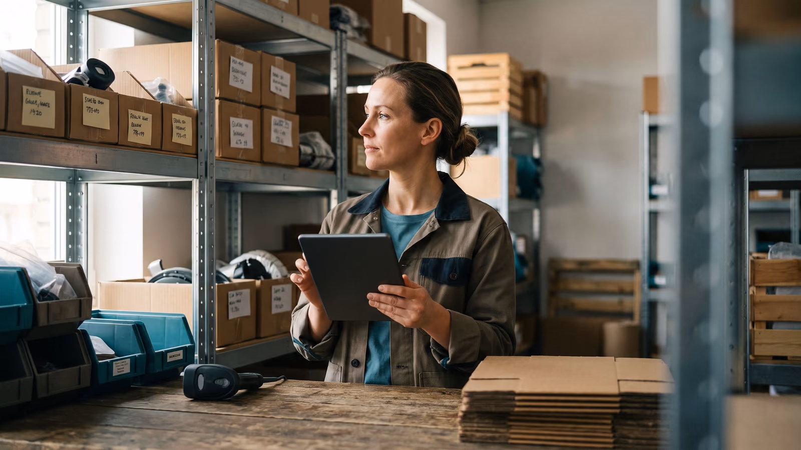 A shop owner checks inventory boxes on a stockroom shelf while holding a tablet with a blank screen.