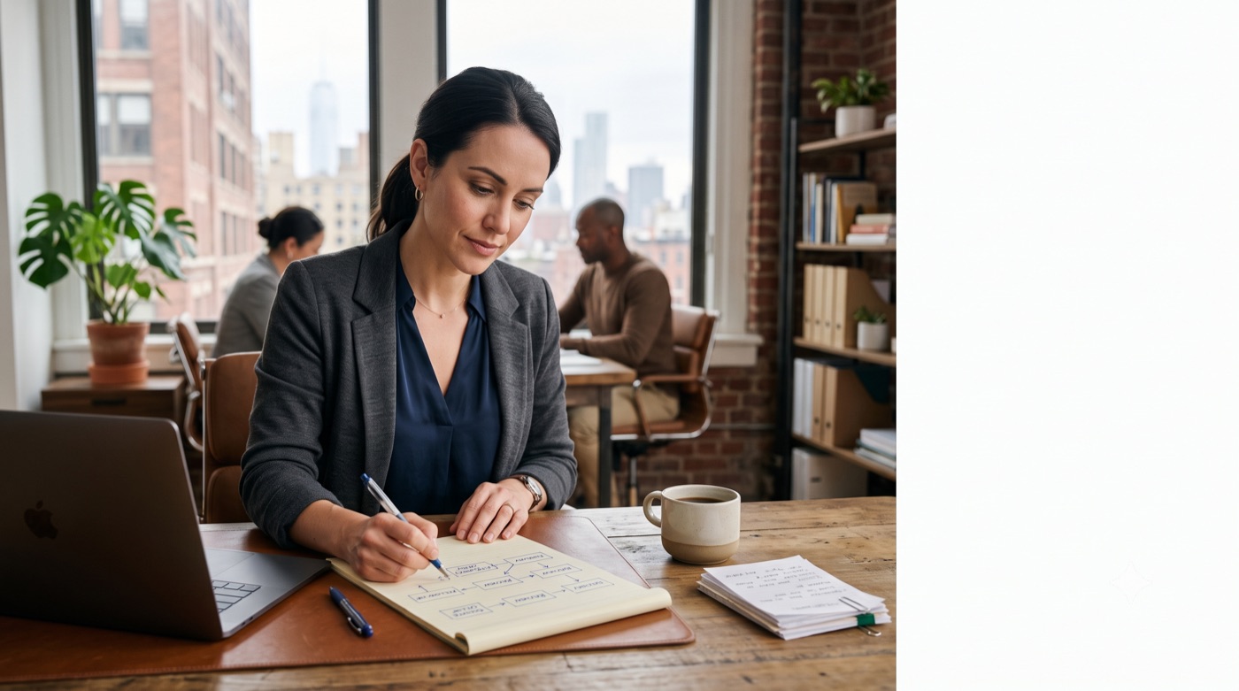 Person writing in a notebook at a desk, coffee and papers nearby, colleagues working in the background