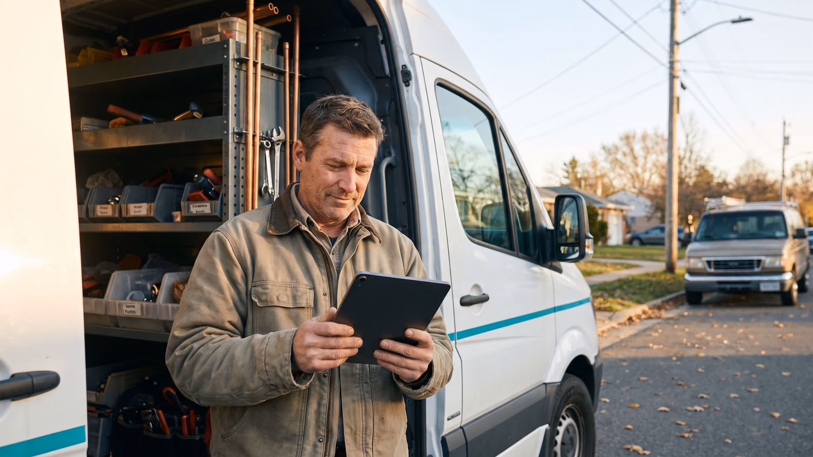 A contractor stands at the open back of a service van, looking at a tablet, with organized tools and shelves visible inside the van.