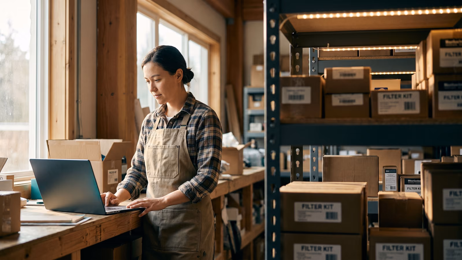 Small business owner at a stockroom counter looking at a laptop with a dark screen, shelves of packaged filter kits blurred behind them.
