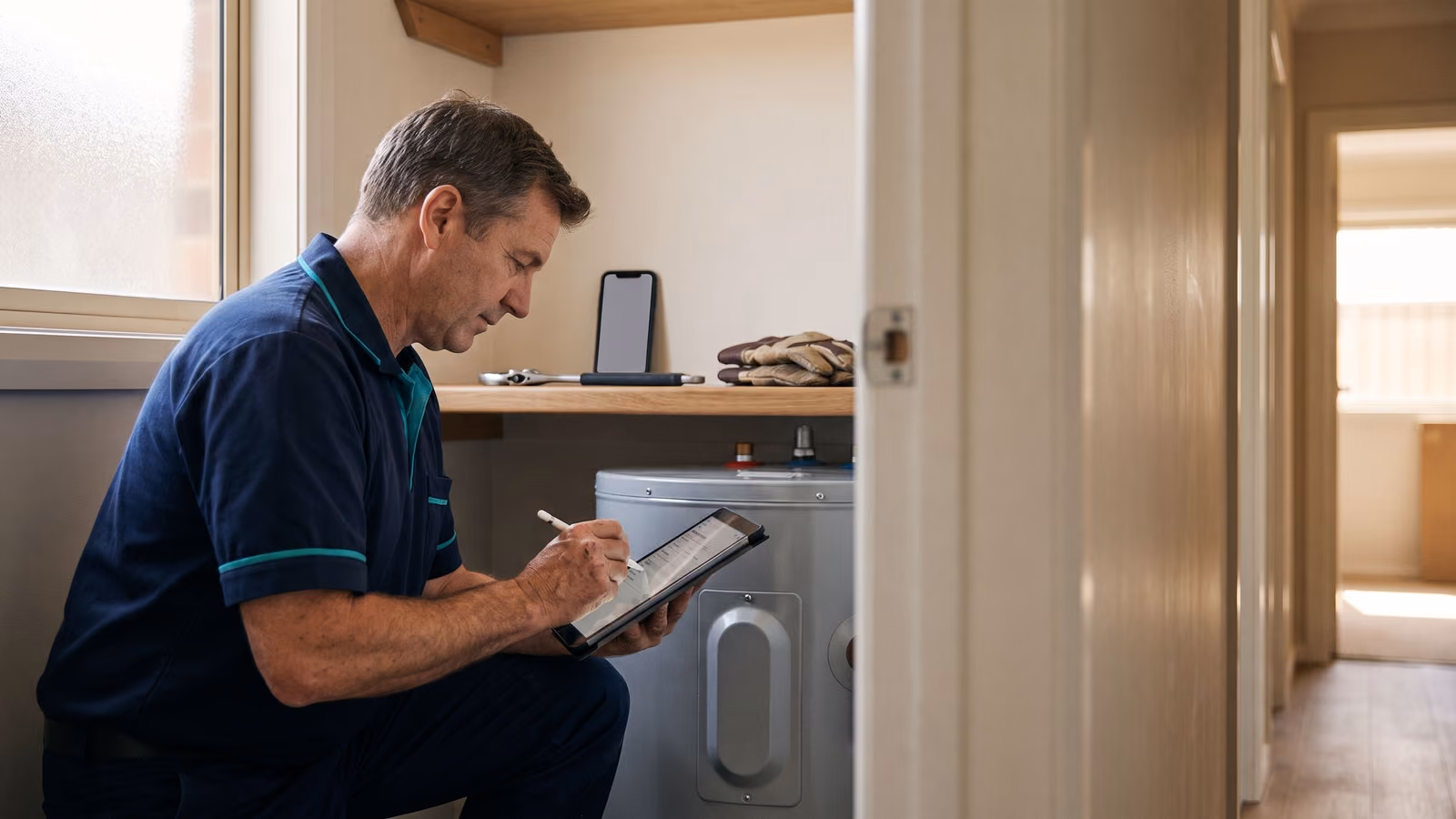 A plumber kneels beside a water heater, signing a completion sheet on a tablet with a phone and tools resting nearby.