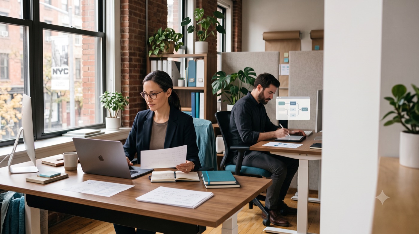Person at a standing desk with a laptop and paperwork, a colleague working behind them