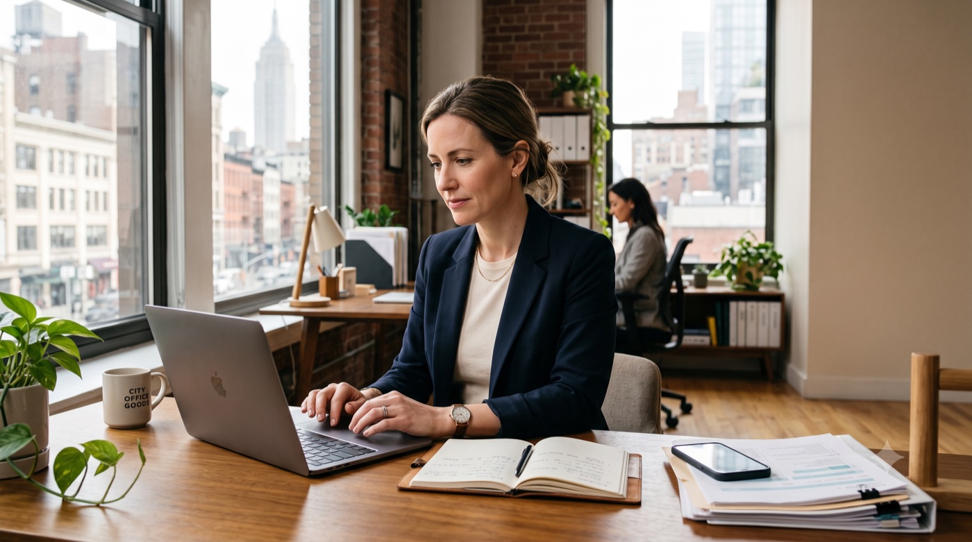 Person typing at a laptop with an open notebook and phone on the desk