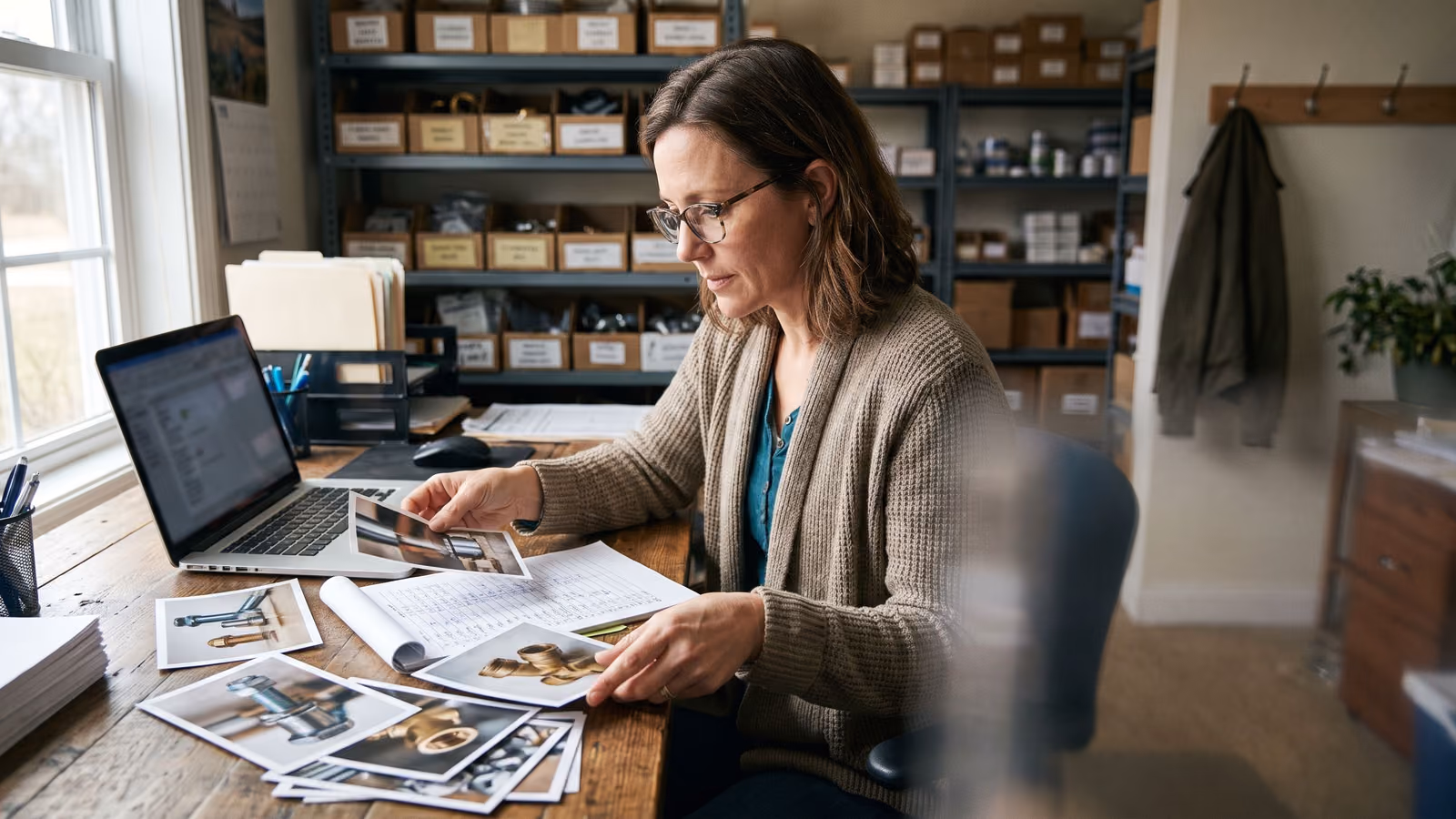A woman at an office desk compares printed product photographs against a spreadsheet, with warehouse shelving blurred behind her.