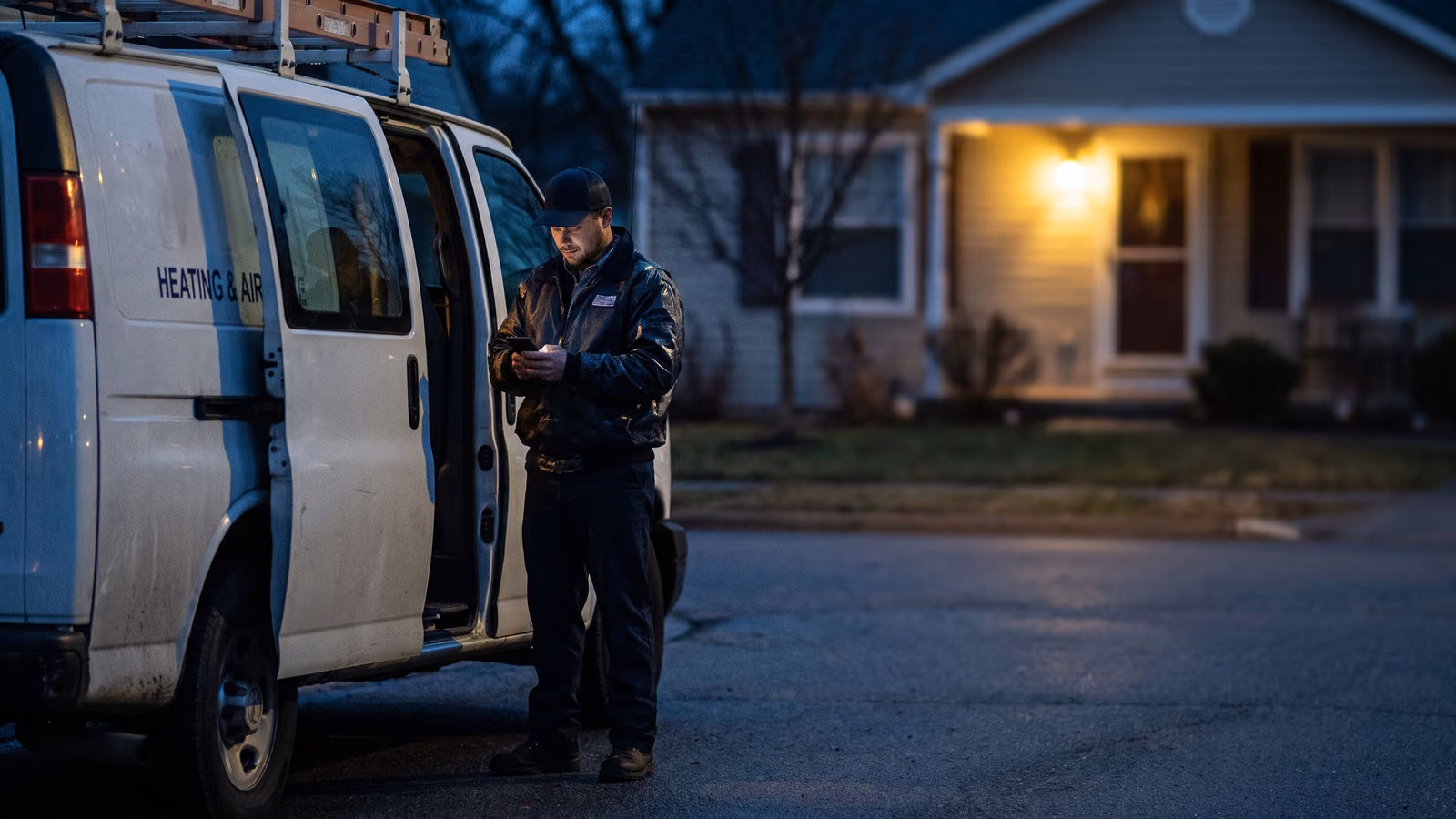 An HVAC technician stands beside his service van at night looking at his phone, with a softly lit porch glowing in the background.