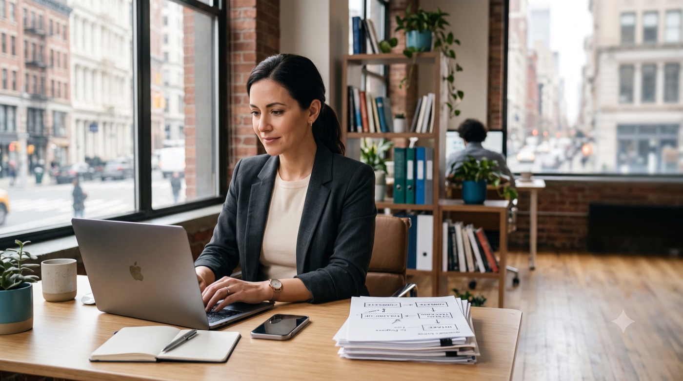 Person working at a laptop beside a tall stack of paperwork