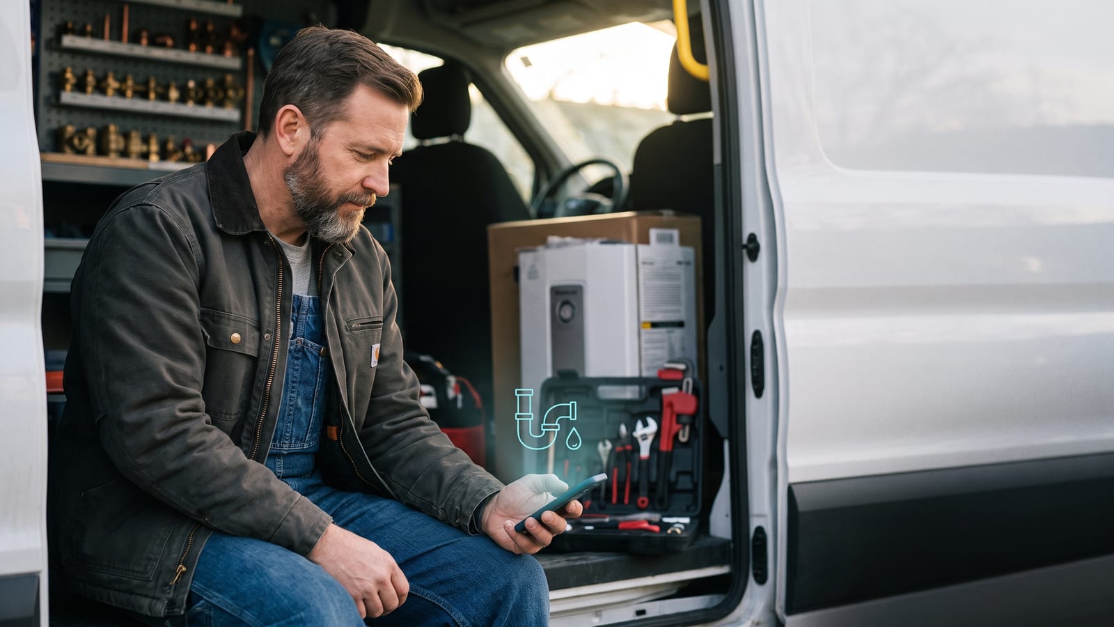A plumber sits in his service van checking his phone, with tools and a water heater visible behind him.
