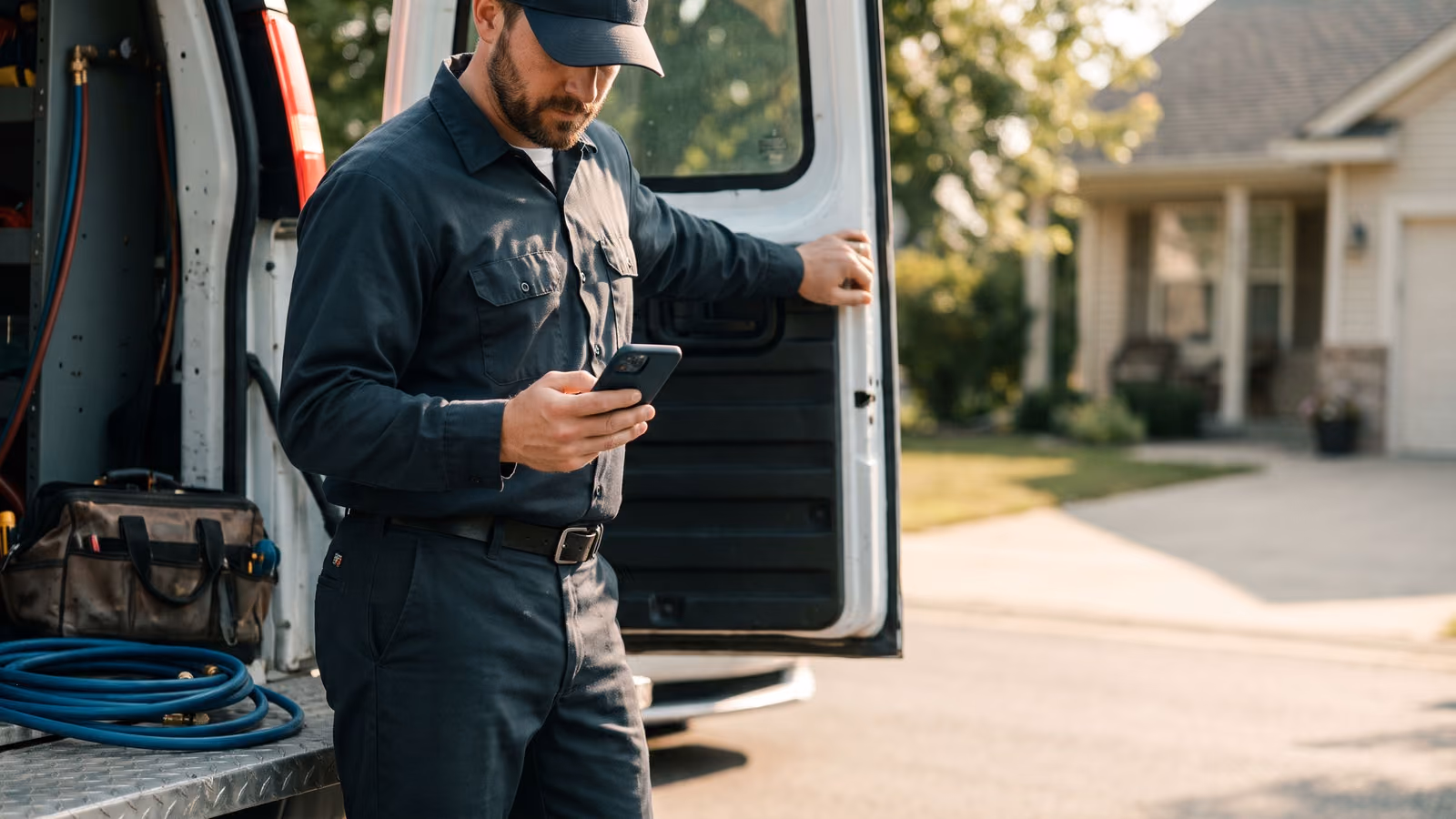 HVAC technician beside his service van in a driveway, glancing at his phone while stepping away from a job.
