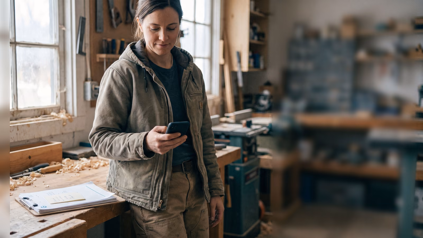 A tradesperson in work clothes glances at a phone near a stack of paper estimates on a workbench in a small workshop.