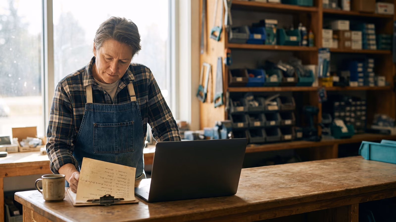 Shop owner in an apron reviewing a handwritten checklist at a counter next to a closed laptop, shelves of parts blurred behind.