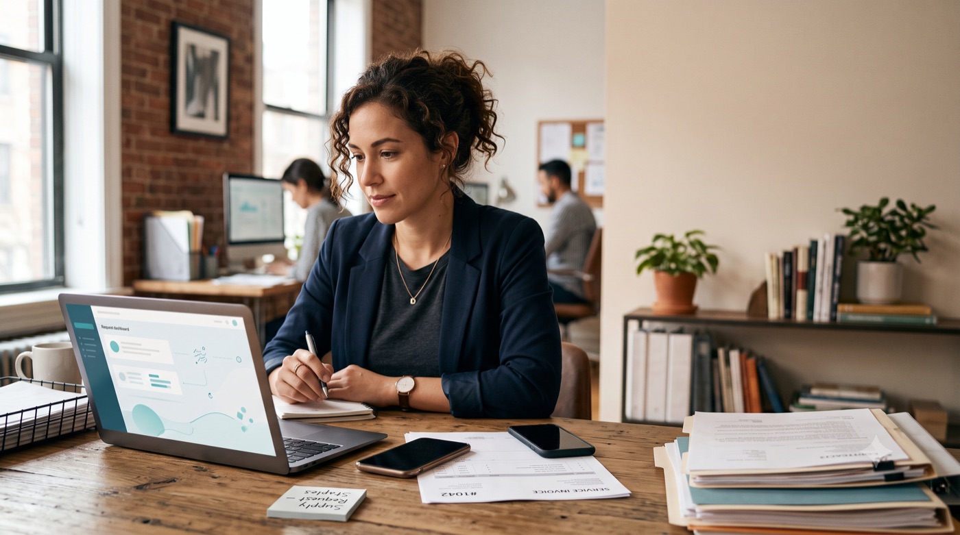 Person at a laptop making notes, stacked file folders on the desk beside them