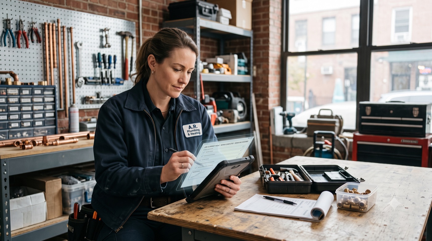 Technician in a workshop filling in a job form on a tablet, tools on the pegboard behind