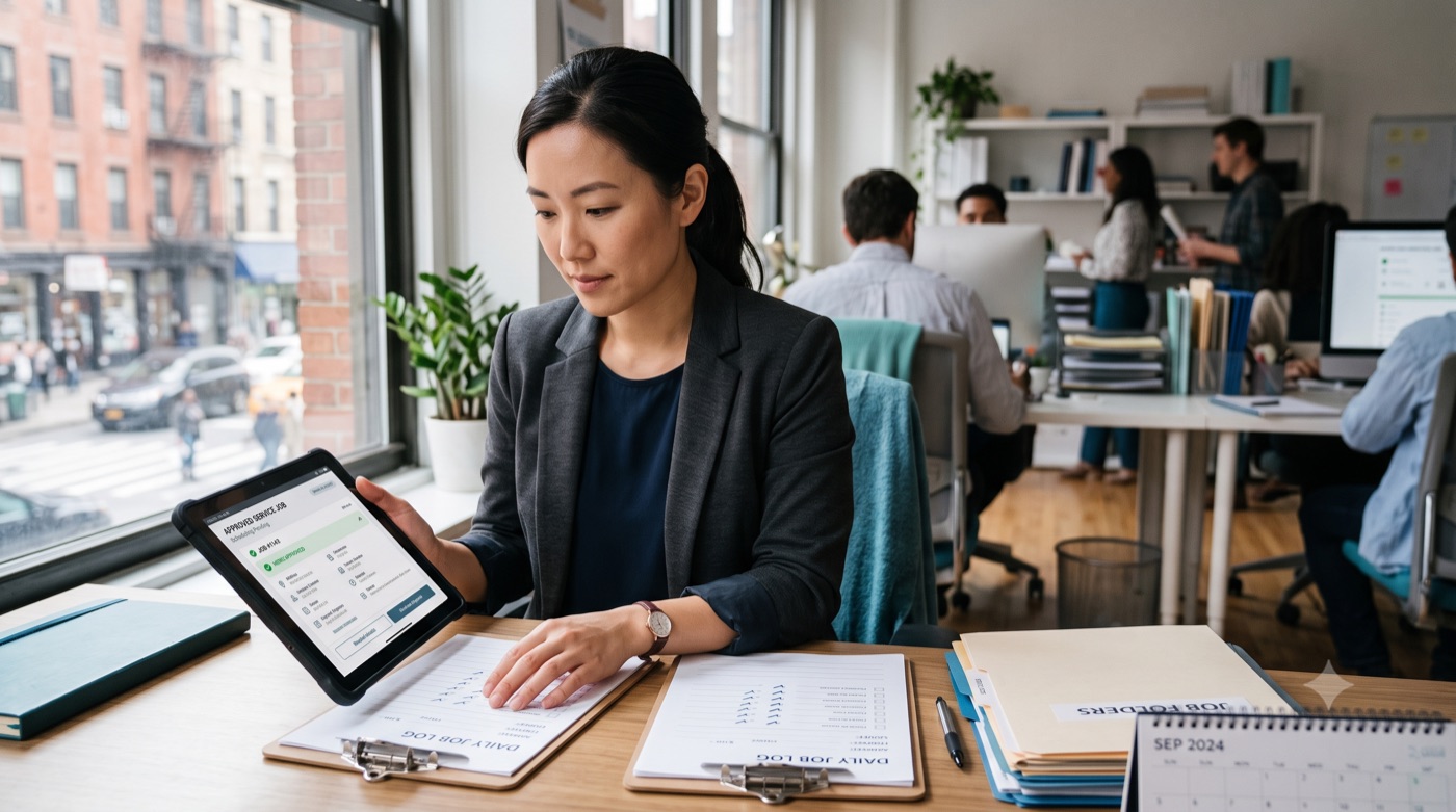Person checking a tablet against a clipboard and binders before starting work