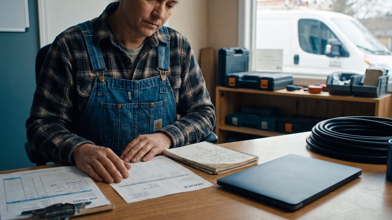 A trade business owner reviews a printed invoice and notebook at a desk, with a closed laptop and tool shelving blurred in the background.