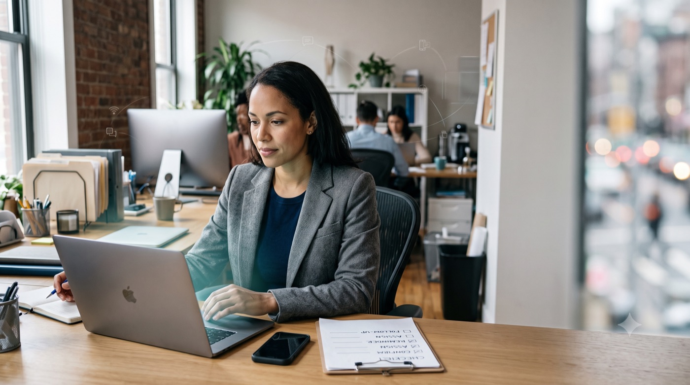 Person at a laptop in a busy office with a phone and a printed lead sheet on the desk
