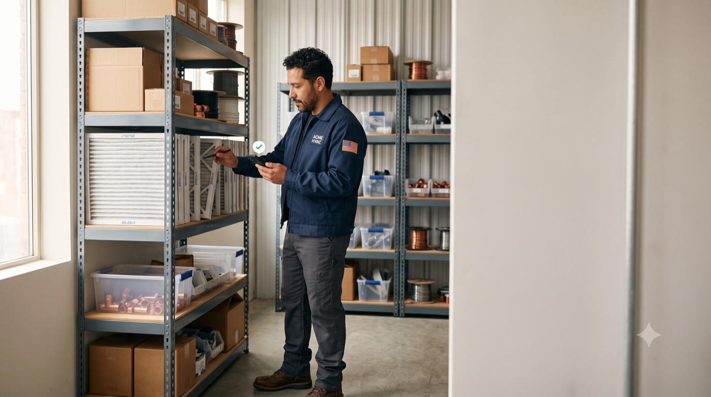 Technician in a work jacket checking parts on a stockroom shelf