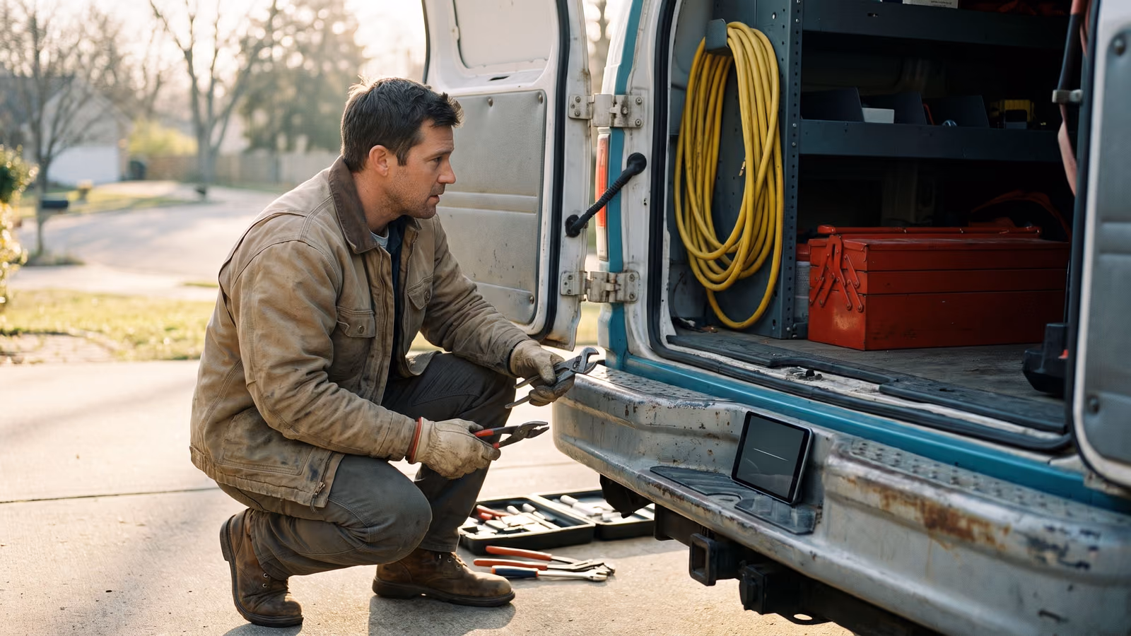 A tradesman crouches beside an open service van working on equipment, with a smartphone resting nearby on the van's ledge, its screen dark.