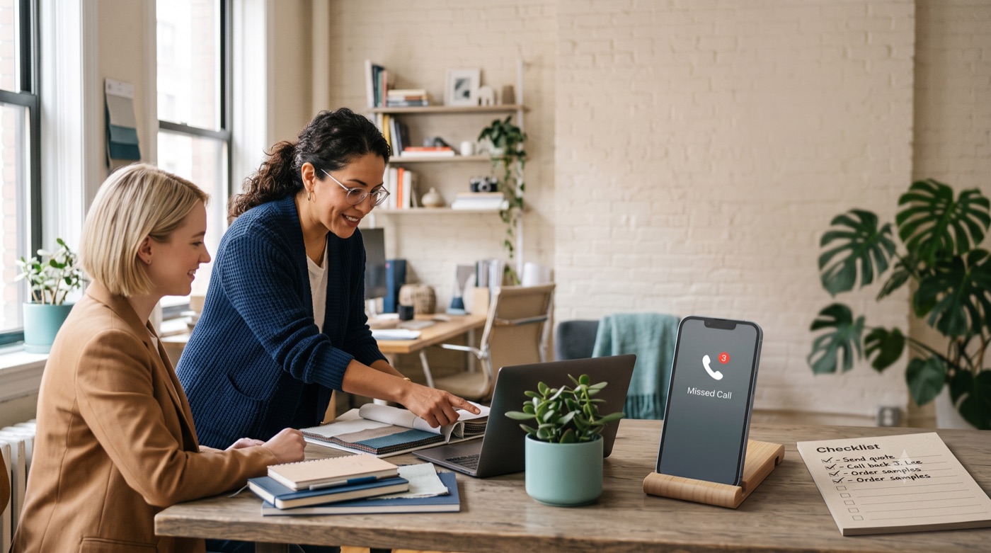 Two colleagues at a desk beside a phone showing a missed call alert