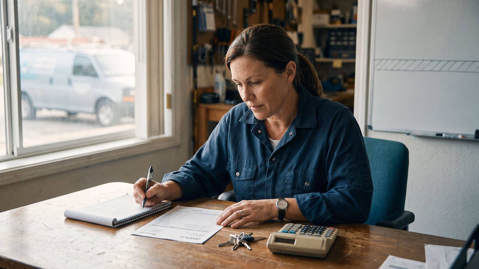 A small business owner reviews a paper invoice and a set of keys at her office desk, with a service van visible through the window behind he