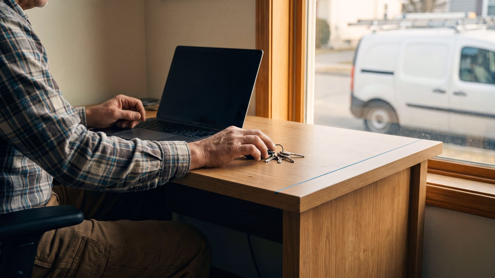 Business owner at a desk with a laptop and a set of keys, a service van visible through the window behind them