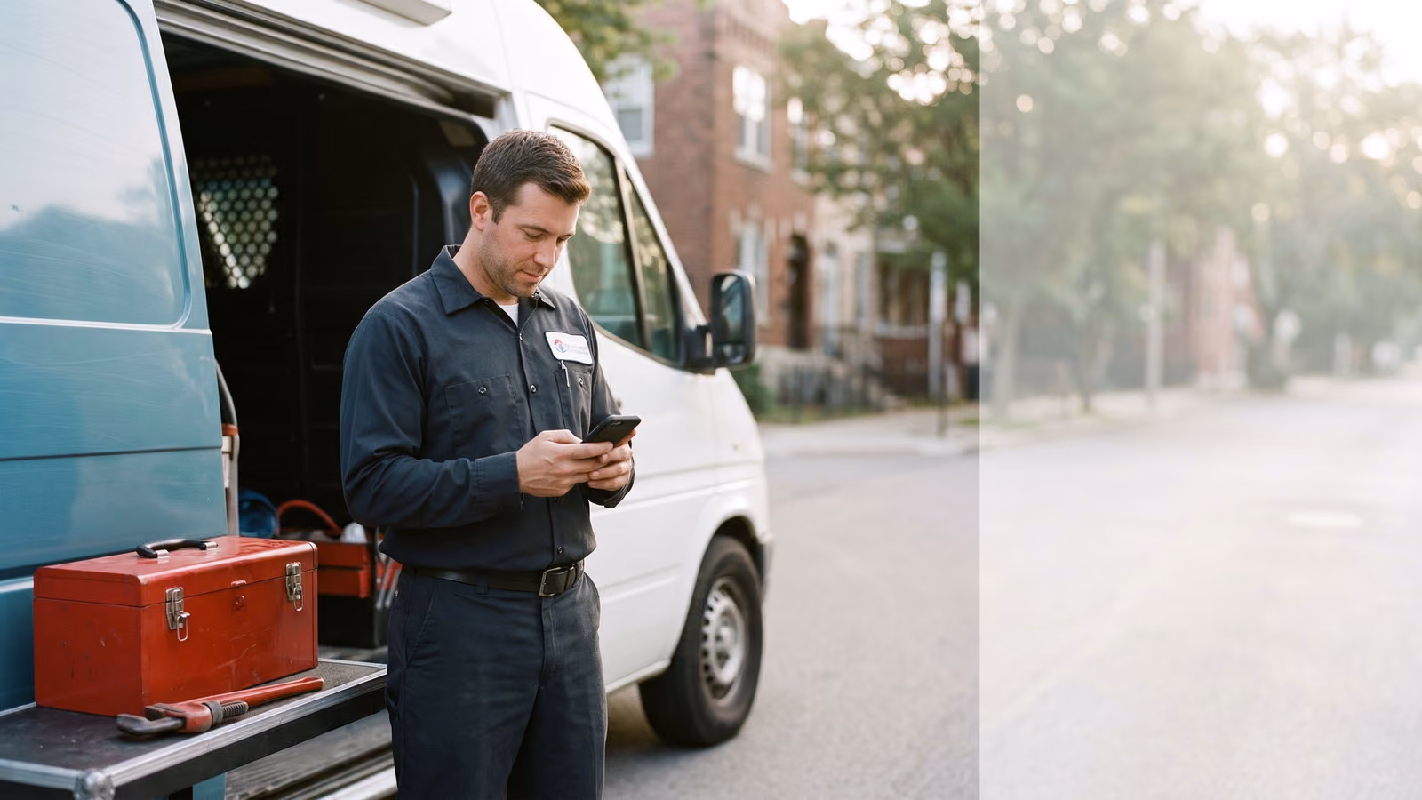 A plumber beside a service van looks at a smartphone with a dark screen, a toolbox and wrench visible nearby.