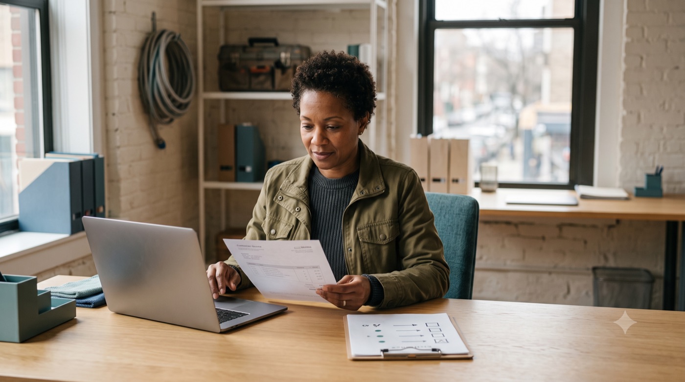 Person reviewing a printed quote beside an open laptop