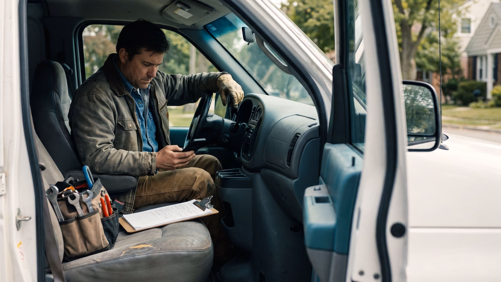 A tradesperson sits in a service van looking at a phone, with a clipboard and tool bag on the seat beside them.