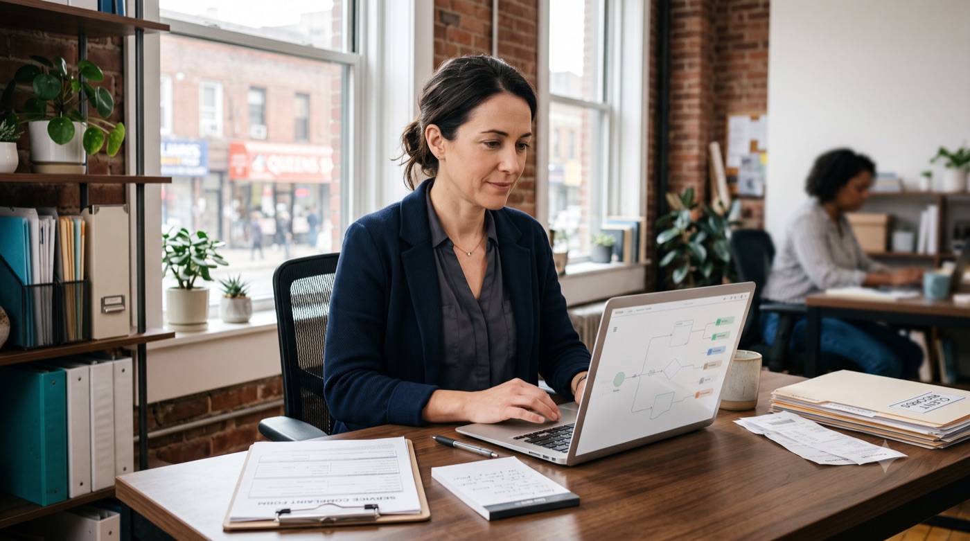 Person at a laptop reviewing a refund request, printed forms on the desk