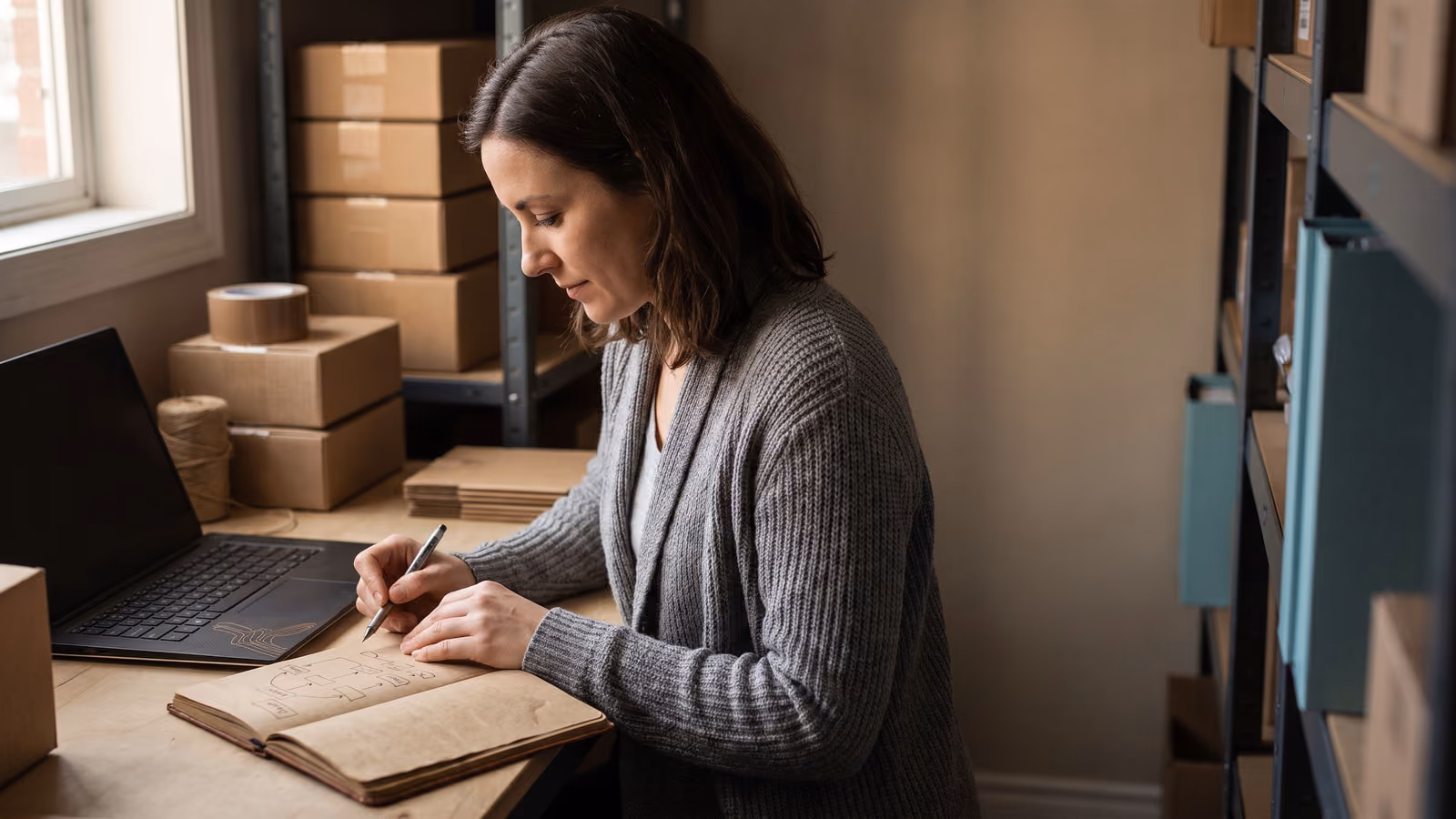 A small business owner reviews a hand-drawn workflow diagram in a notebook next to a closed laptop, with shipping boxes softly blurred in th