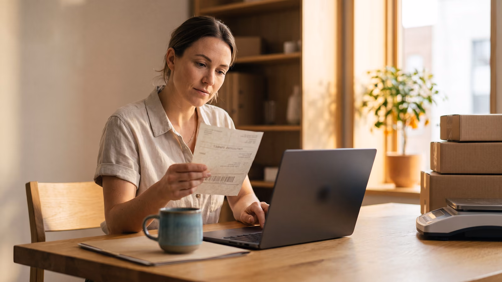 Small business owner at a desk reviewing a shipping label next to a laptop with a blank screen and stacked boxes nearby