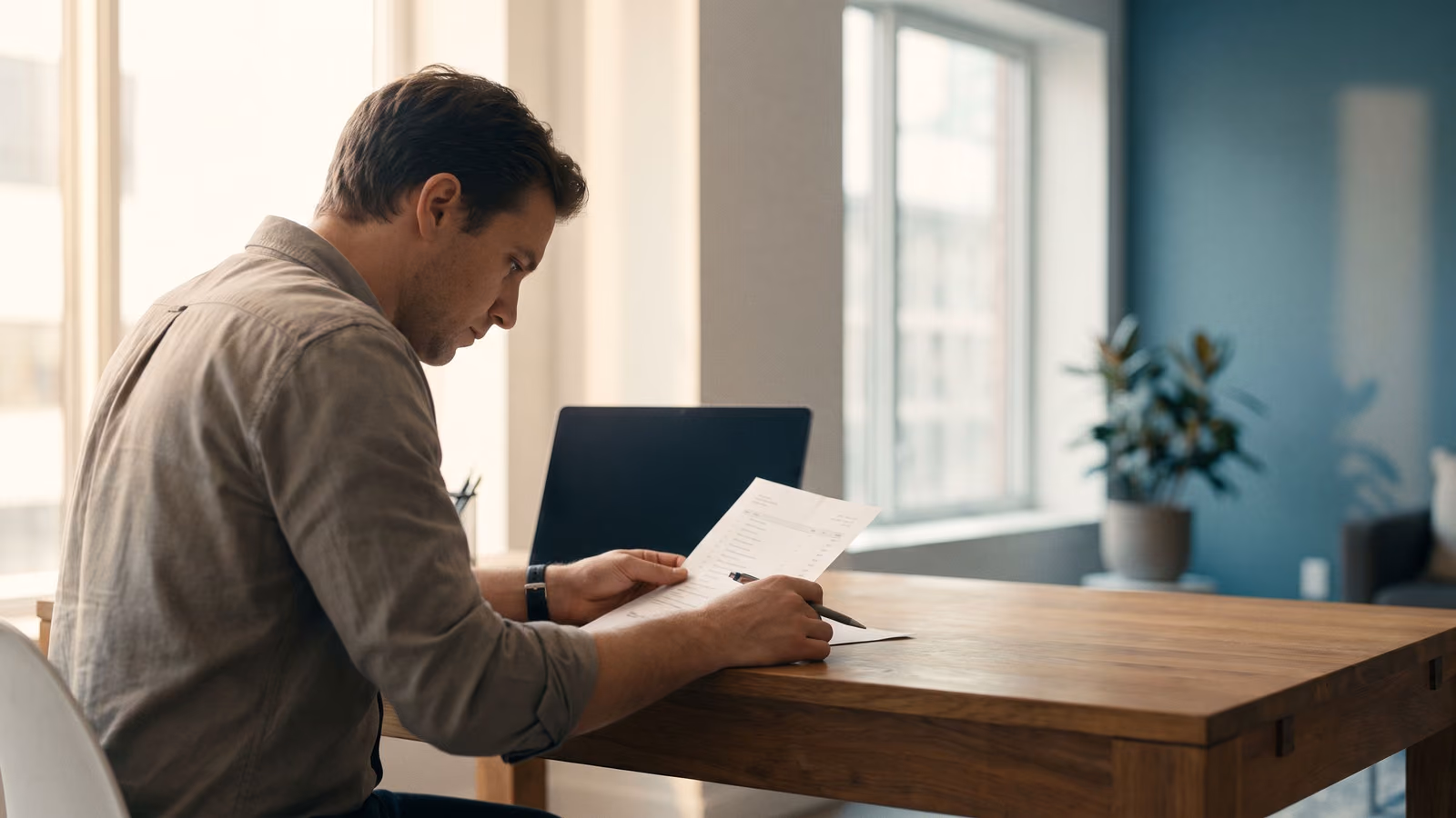 A business owner at a desk reads a printed itemized quote list next to a closed laptop with a dark screen.